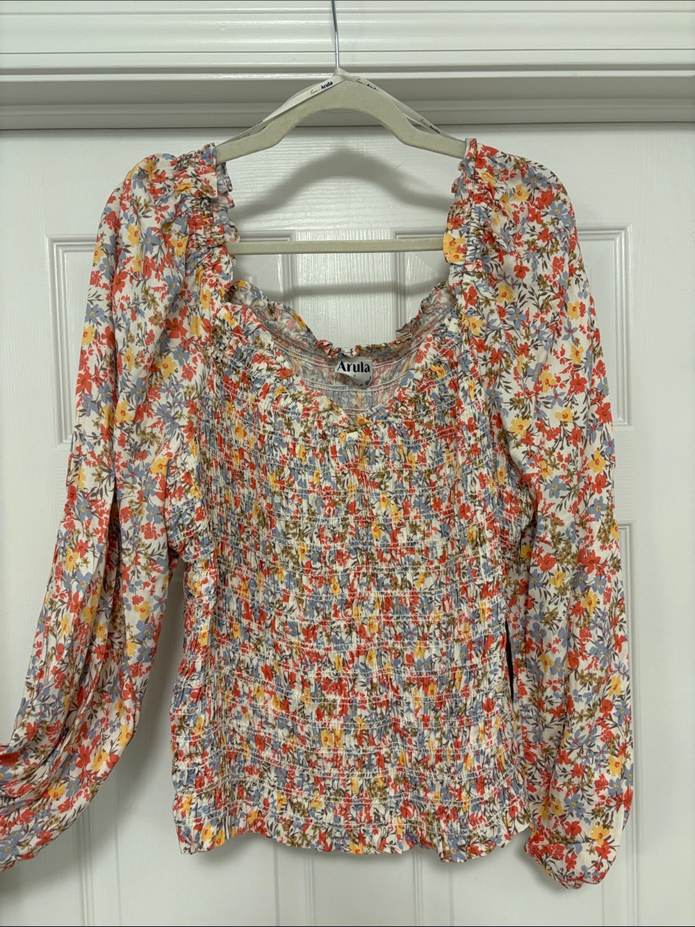 ARULA Floral Smocked Peasant Blouse in White, Red, Yellow, Blue